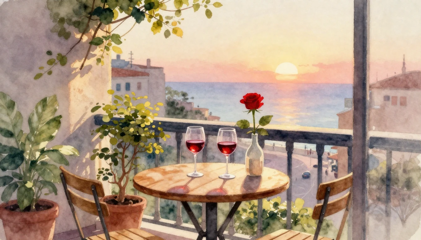 A romantic and intimate scene painted in soft watercolor sty...