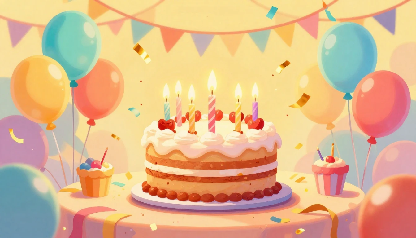 A vibrant and joyful digital art illustration of a birthday ...