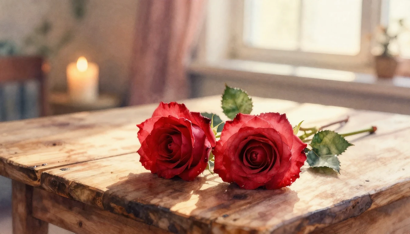 A beautiful watercolor painting of two delicate red roses in...