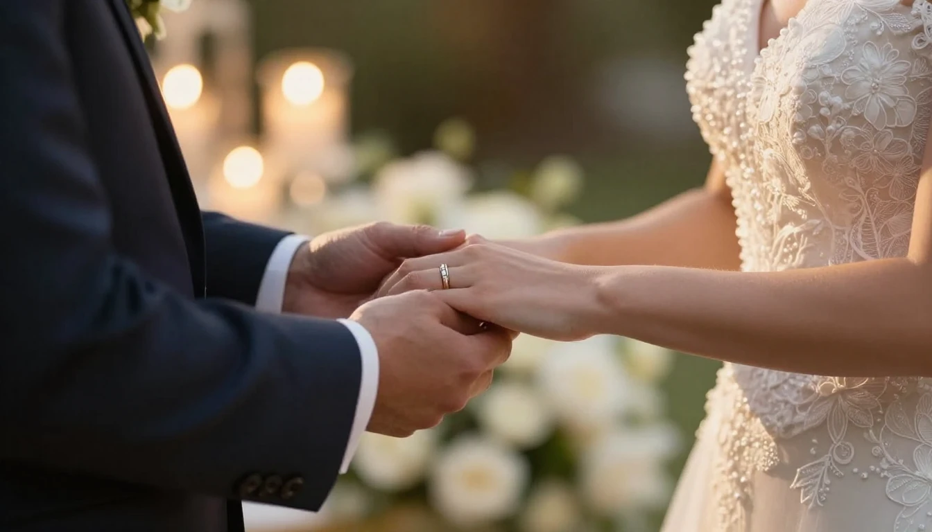 A cinematic close-up shot of a bride and groom holding hands...