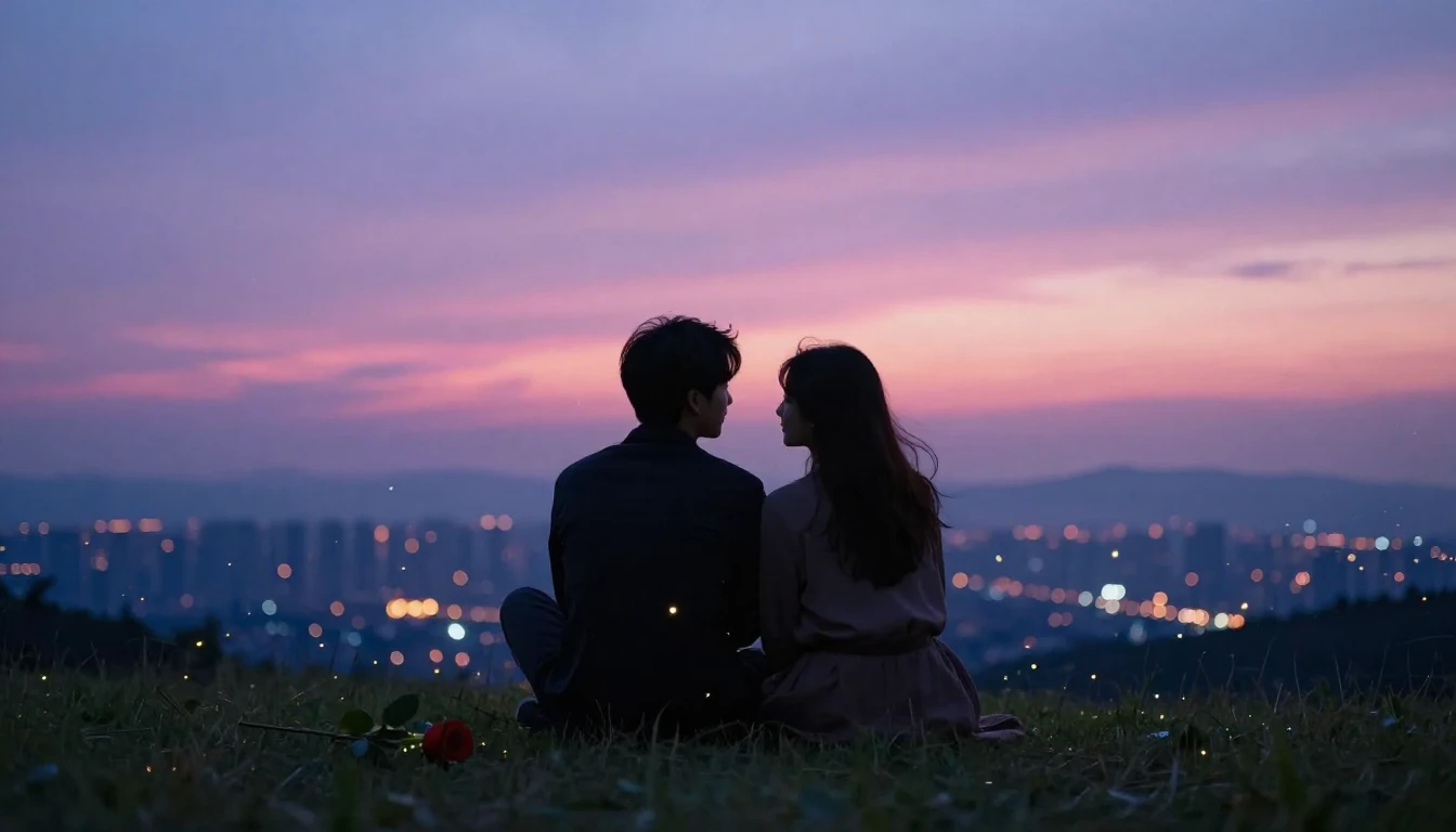 A romantic scene featuring two silhouettes sitting close tog...