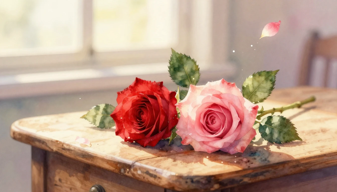 A delicate watercolor painting of two intertwined red and pi...