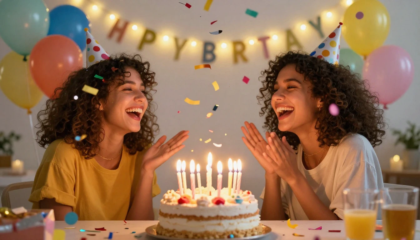 A vibrant and joyful birthday celebration scene. A beautiful...