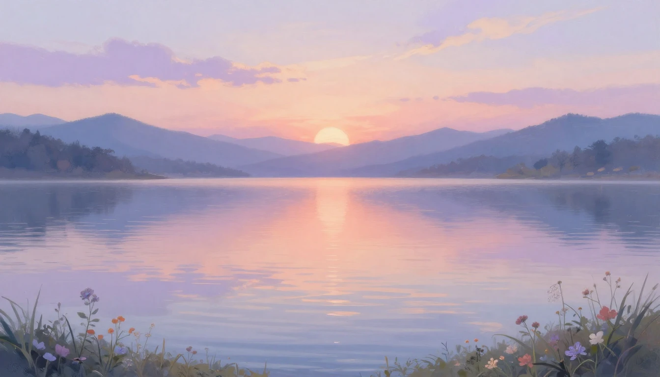 A serene landscape featuring a calm lake reflecting a soft s...