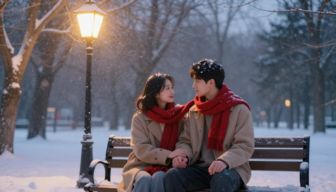 A romantic artistic scene of a couple sitting on a bench in ...