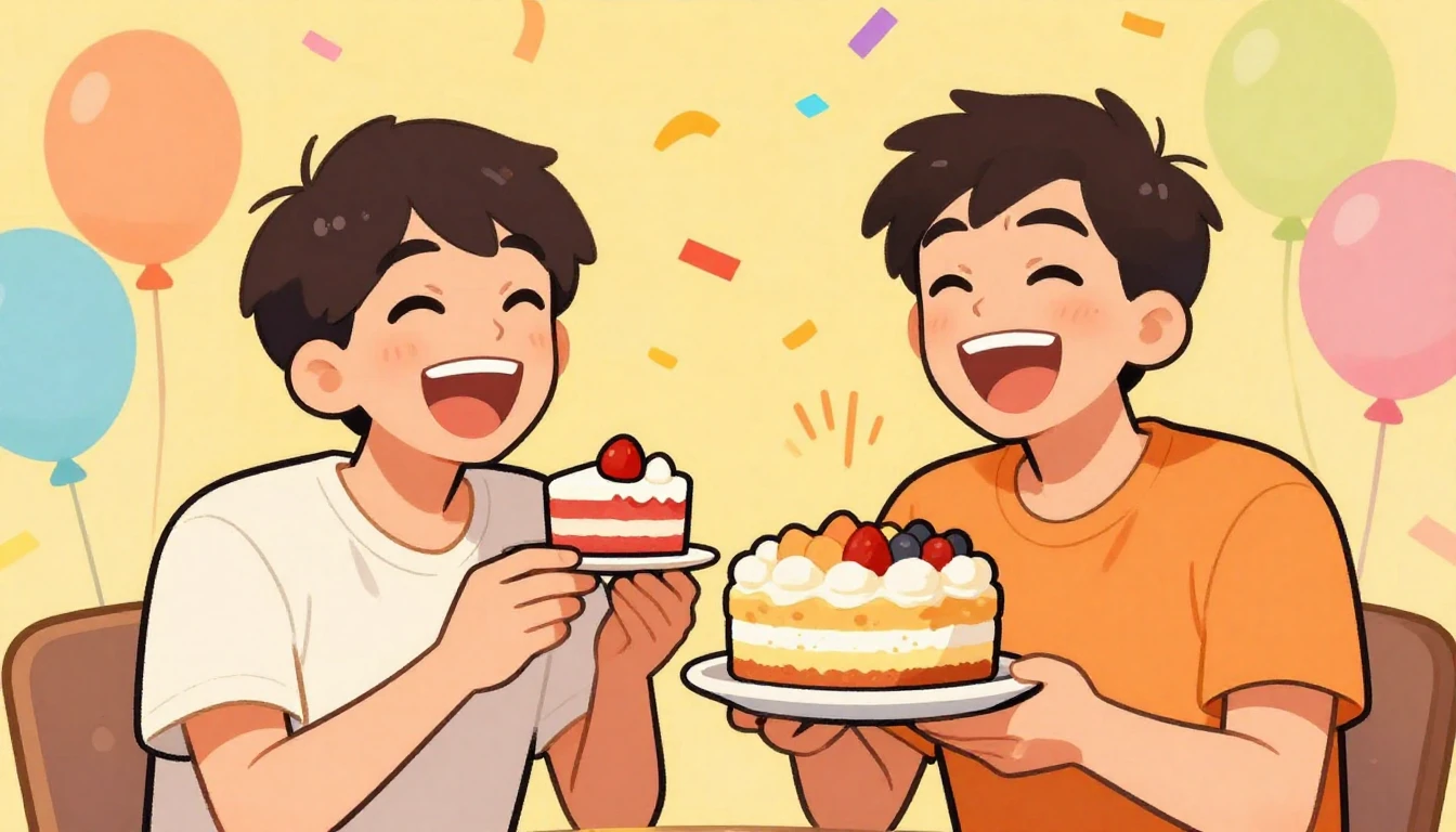 A vibrant and funny birthday party scene, a cartoon-style il...