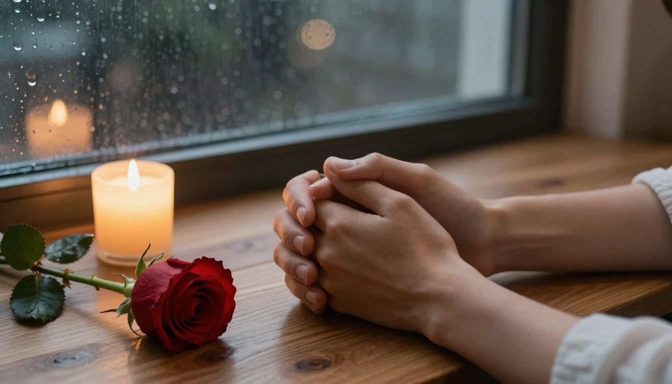 A romantic close-up scene of a couple holding hands on a woo...