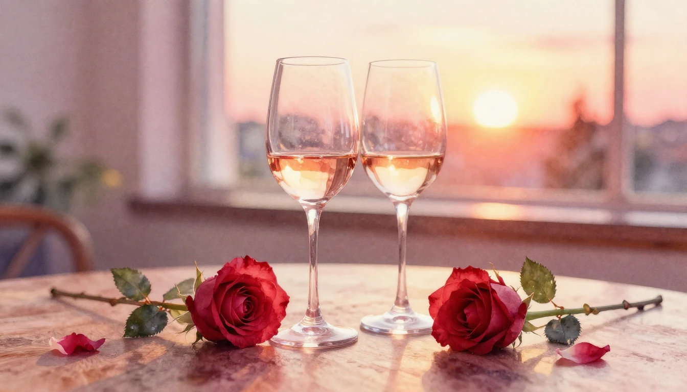 A soft watercolor painting of two elegant wine glasses sitti...