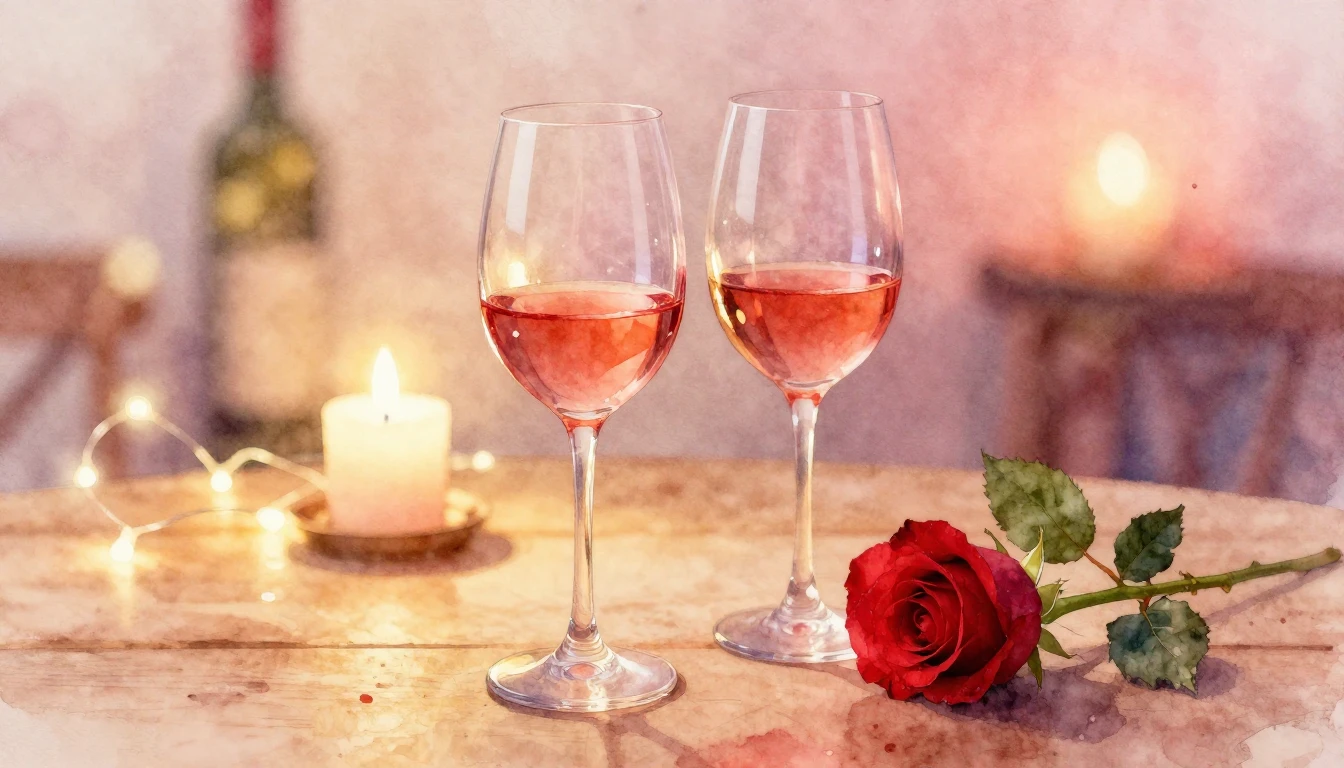 A soft watercolor painting of two elegant wine glasses sitti...