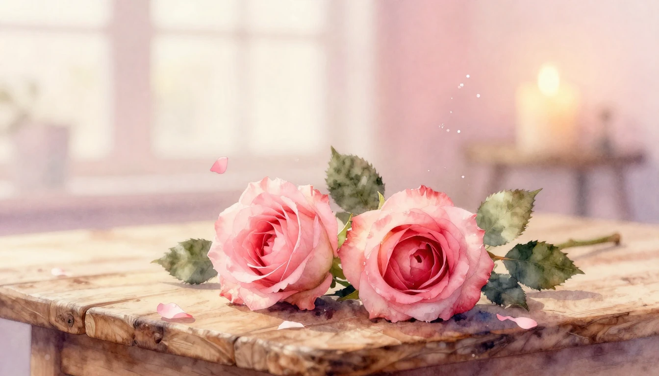 A soft watercolor painting of two delicate pink and red rose...