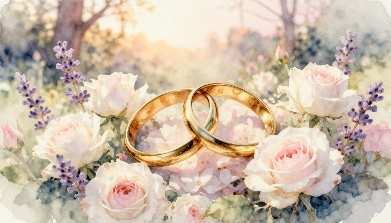 A beautiful watercolor painting of two intertwined golden ri...