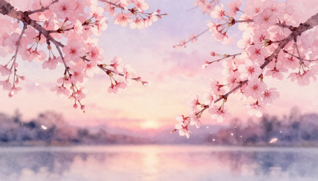 A soft watercolor painting of two delicate cherry blossom br...