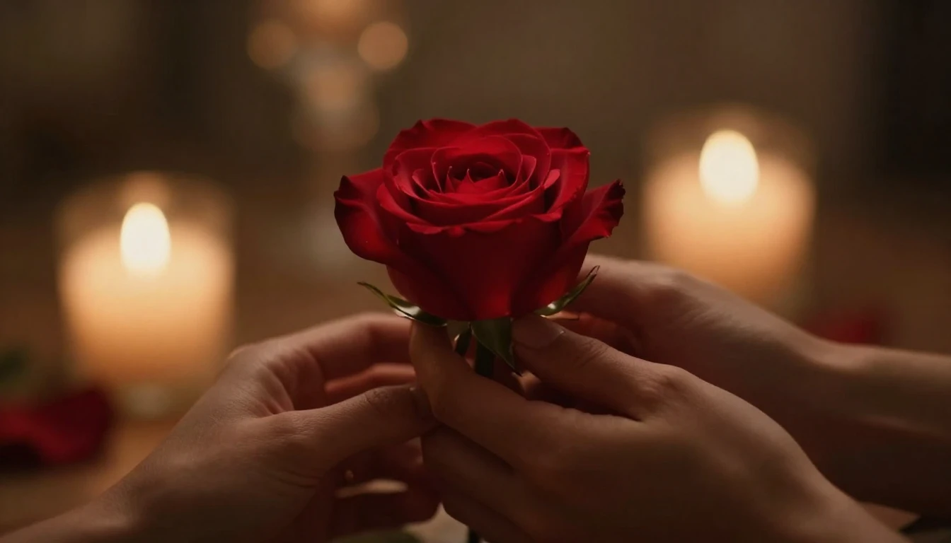 A cinematic and romantic close-up shot of two hands gently h...