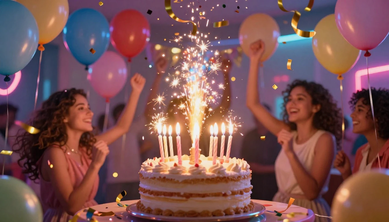 A vibrant and colorful birthday party scene focusing on cele...