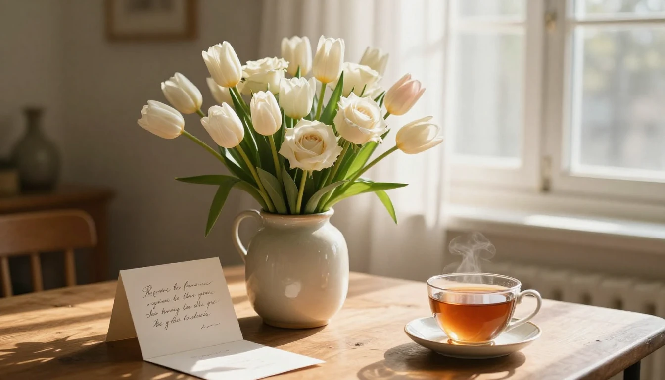 A warm and cozy scene featuring a beautiful bouquet of sprin...