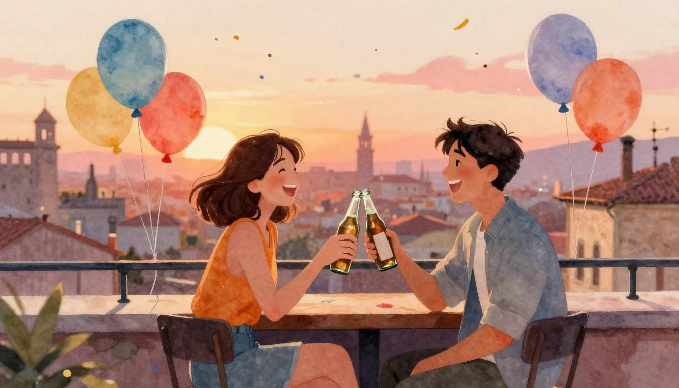 A heartwarming watercolor illustration of two friends sittin...