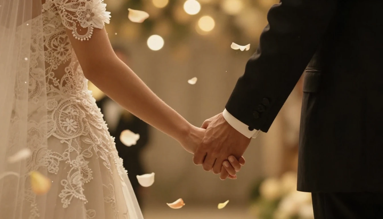 A cinematic and romantic close-up shot of a bride and groom ...