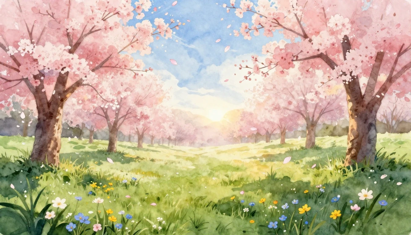 A beautiful watercolor painting of a lush green meadow at su...