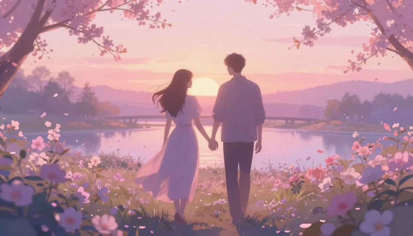 A soft and ethereal scene depicting two silhouettes walking ...