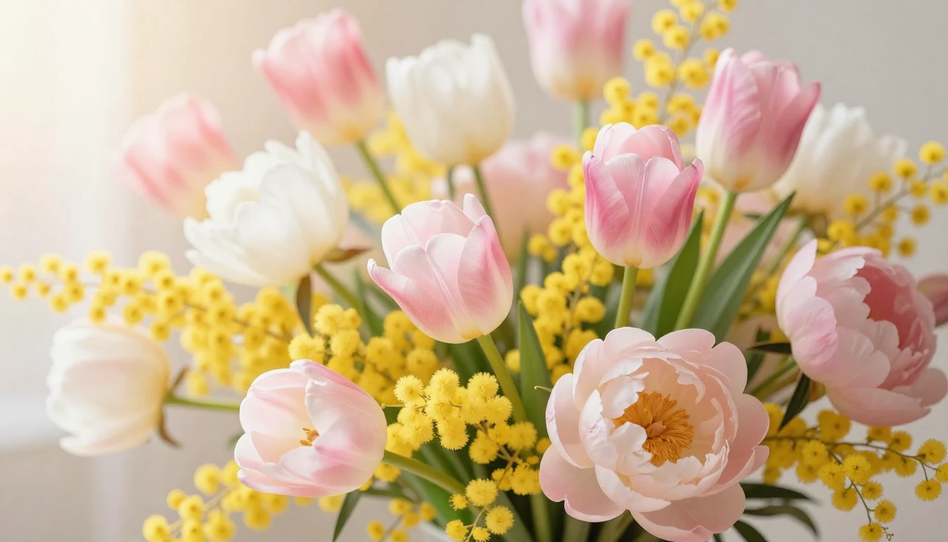 A vibrant and elegant scene depicting a lush bouquet of spri...