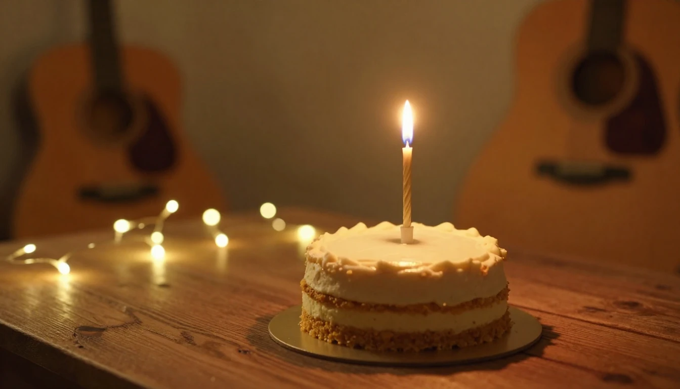 A warm and intimate close-up shot of a small birthday cake w...