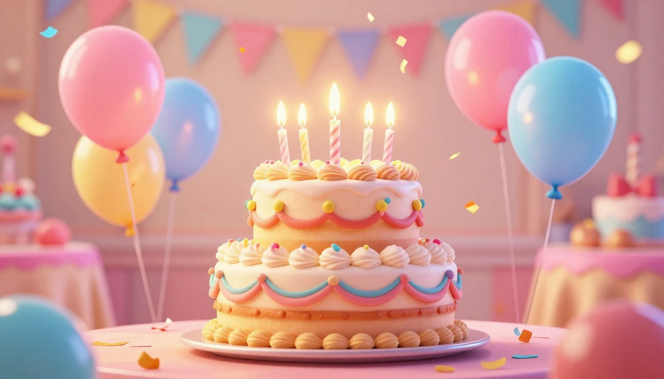 A vibrant and joyful birthday celebration scene in a cute 3D...