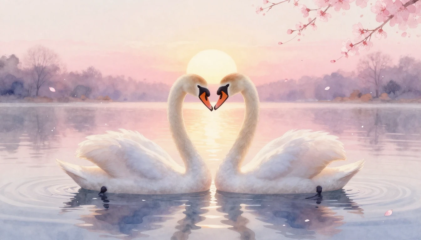A soft watercolor painting of two elegant swans forming a he...
