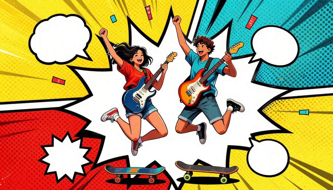 A vibrant and energetic illustration of two friends jumping ...