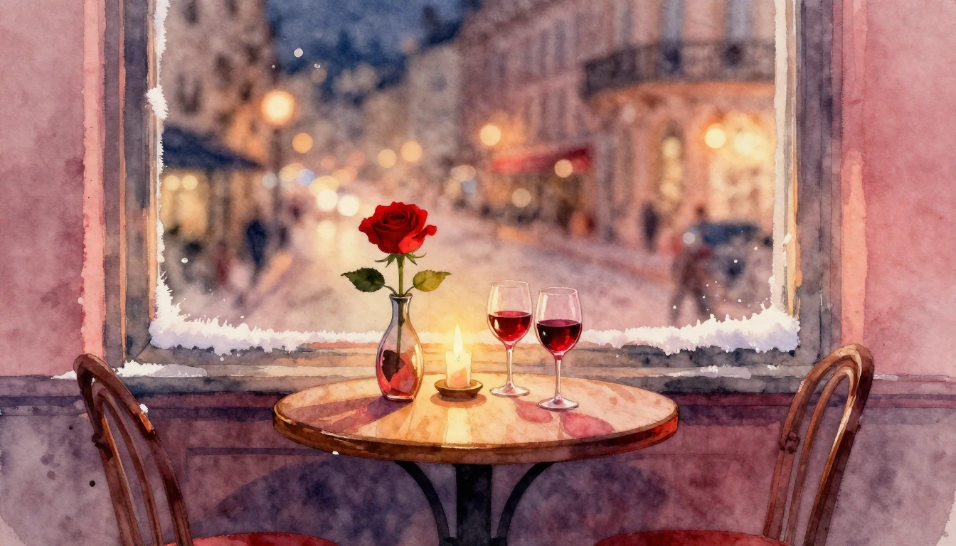 A romantic watercolor painting of a cozy evening scene. A sm...