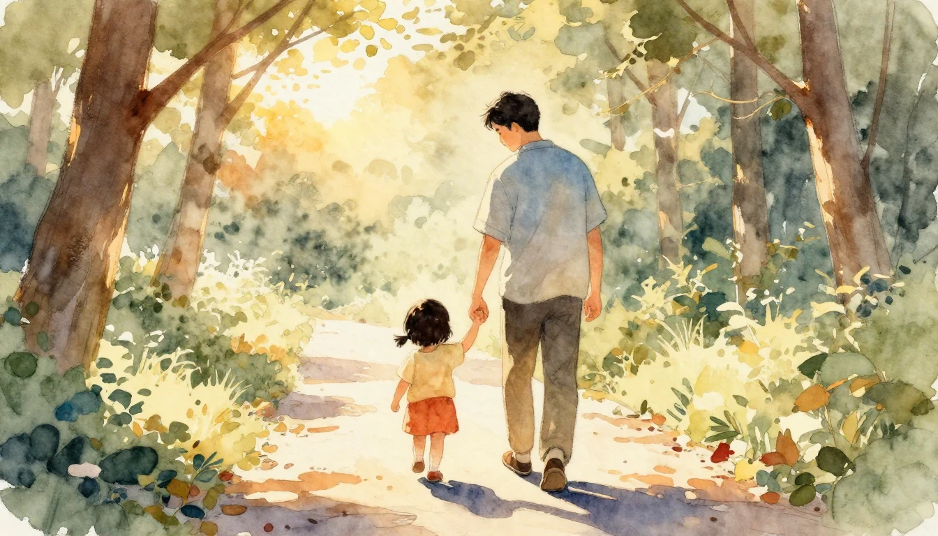 A heartwarming watercolor painting showing a father and a sm...