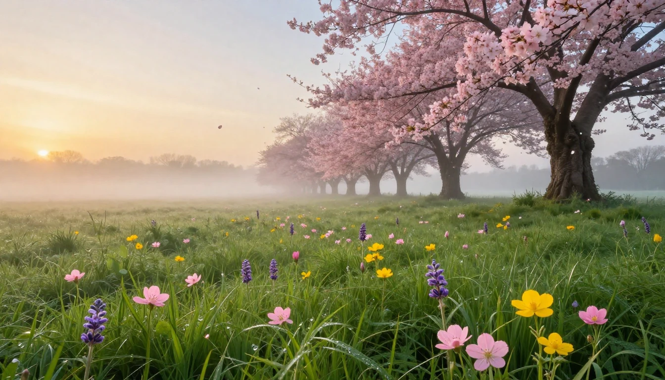 A breathtaking landscape of a lush green meadow at sunrise. ...