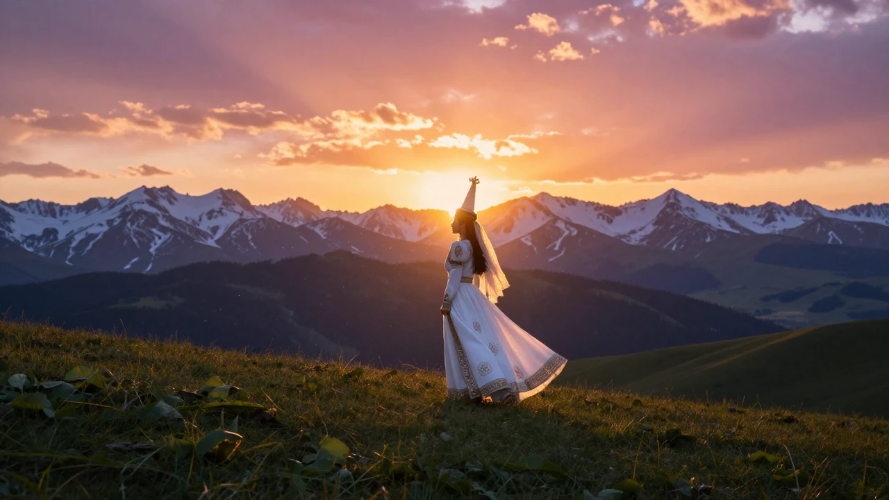 An epic cinematic wide shot of a traditional Central Asian l...