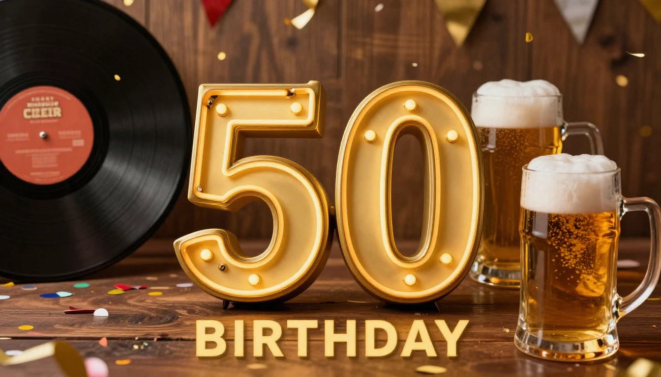 A festive and vintage-style album cover celebrating a 50th b...