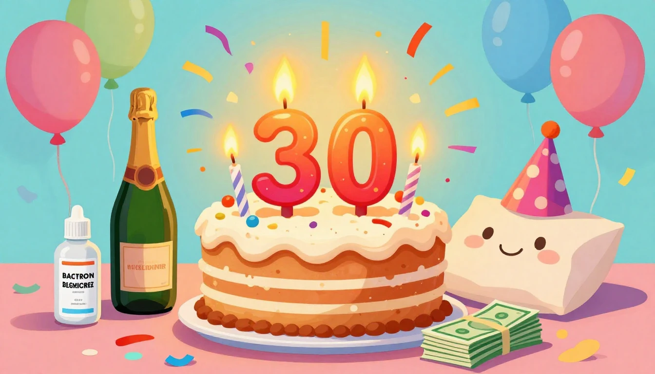 A humorous and colorful birthday illustration featuring a ch...