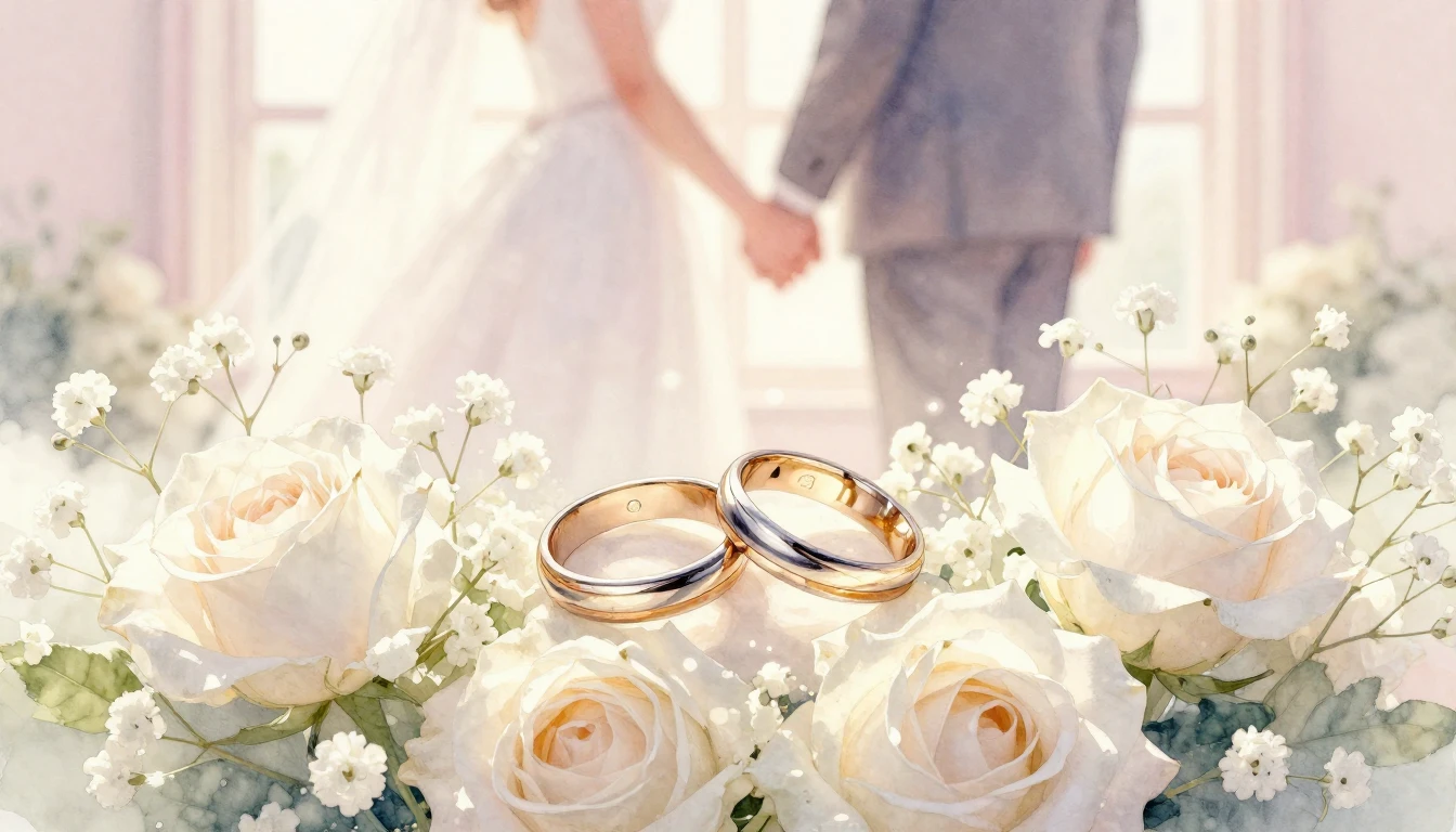 A soft and romantic watercolor painting depicting a pair of ...