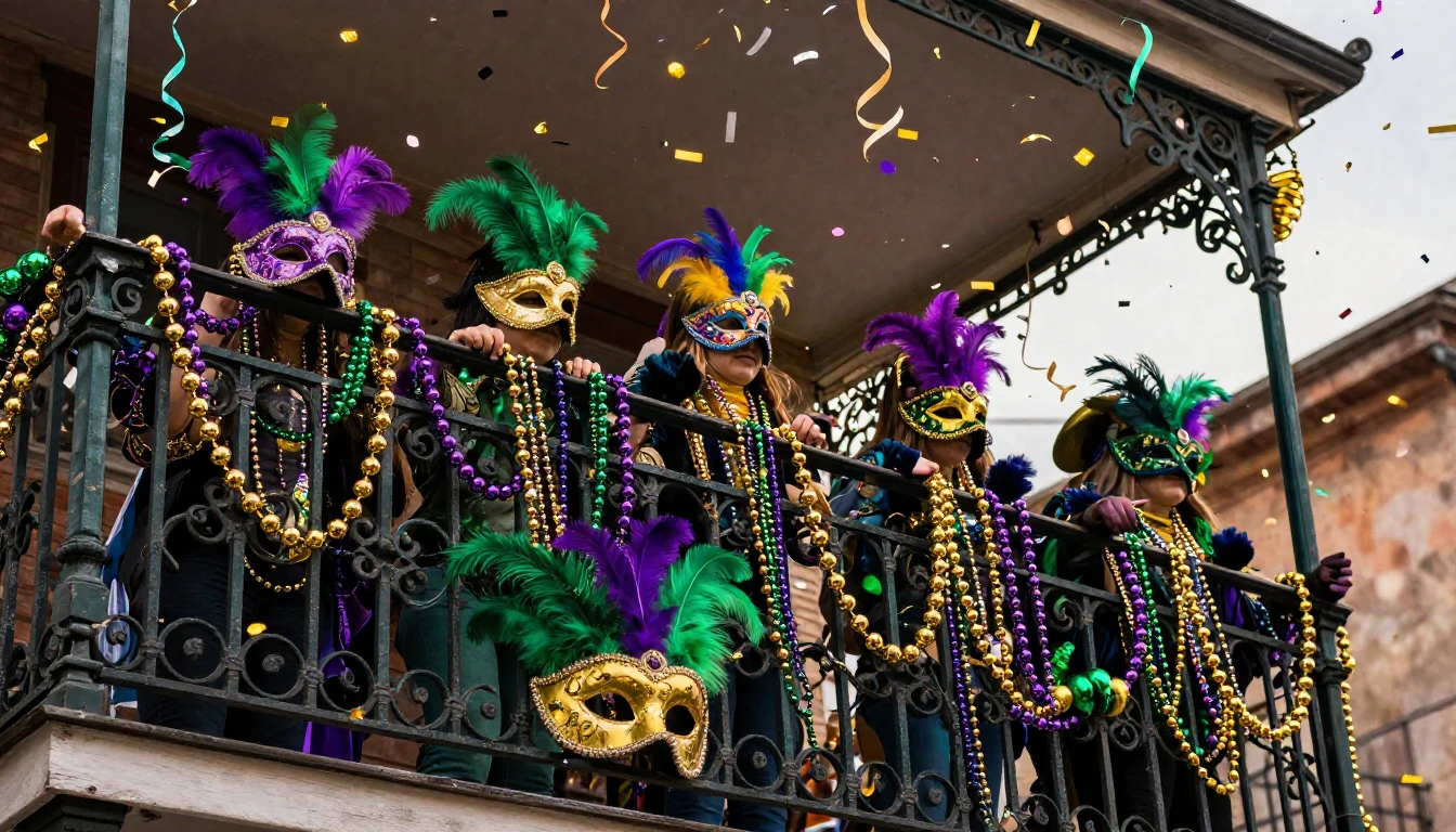 A vibrant and colorful scene of a Mardi Gras celebration. Th...
