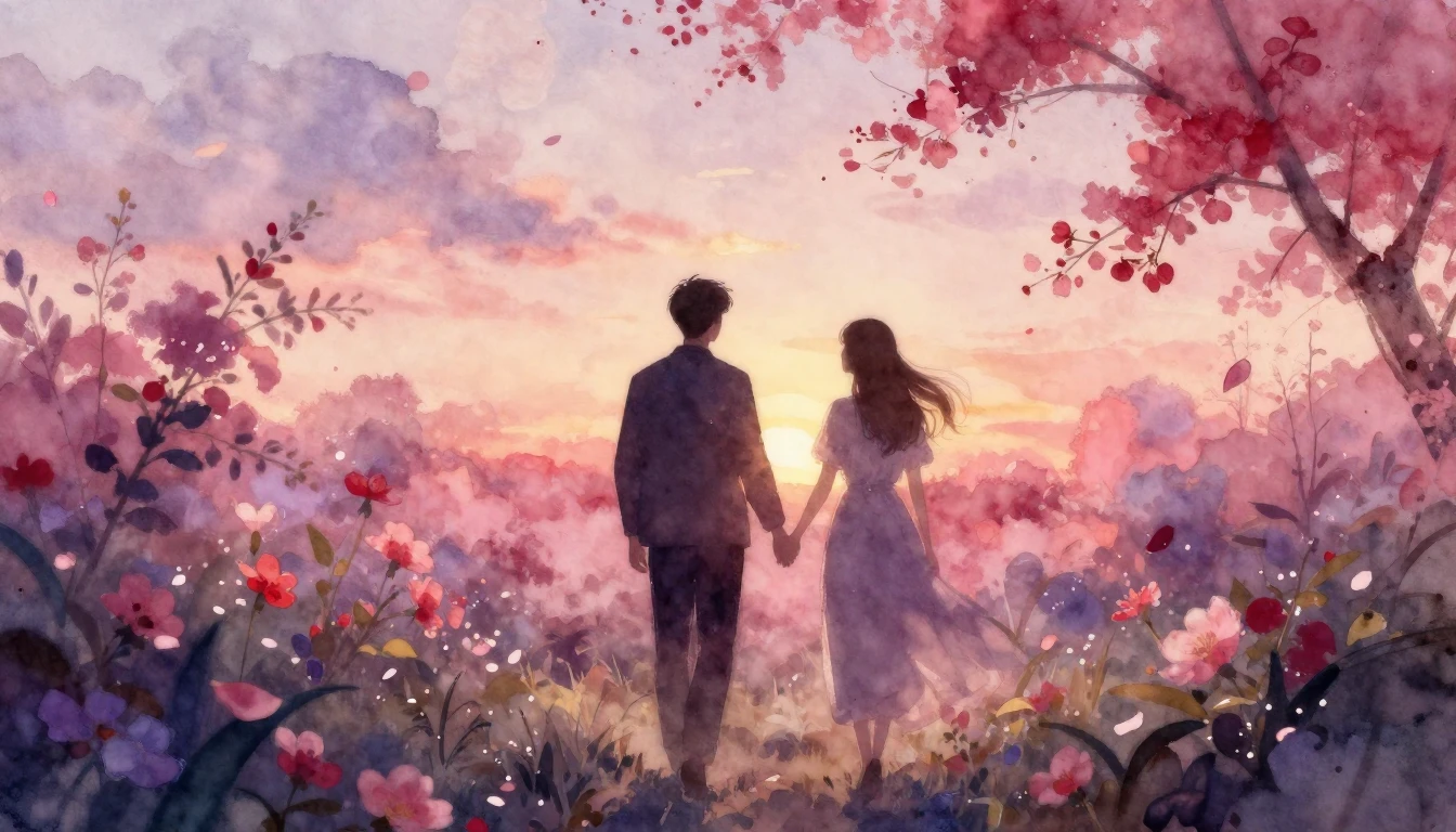 A beautiful watercolor painting of two silhouettes walking h...