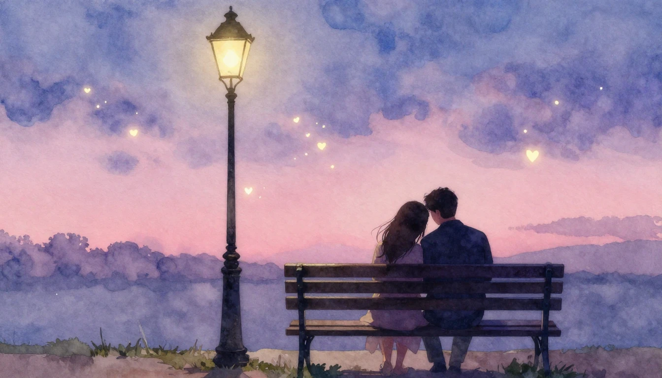 A soft, romantic watercolor painting showing a couple sittin...