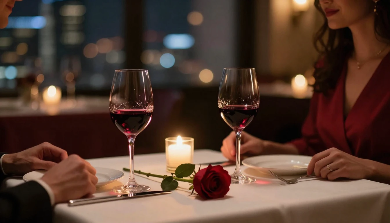 A close-up shot of a beautifully set dinner table for two in...