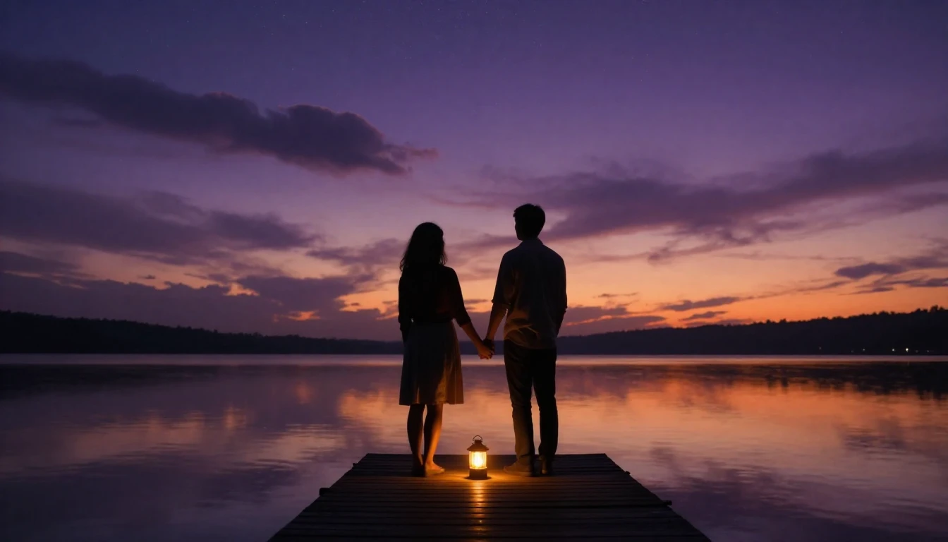 A cinematic shot of a couple standing on a wooden pier overl...
