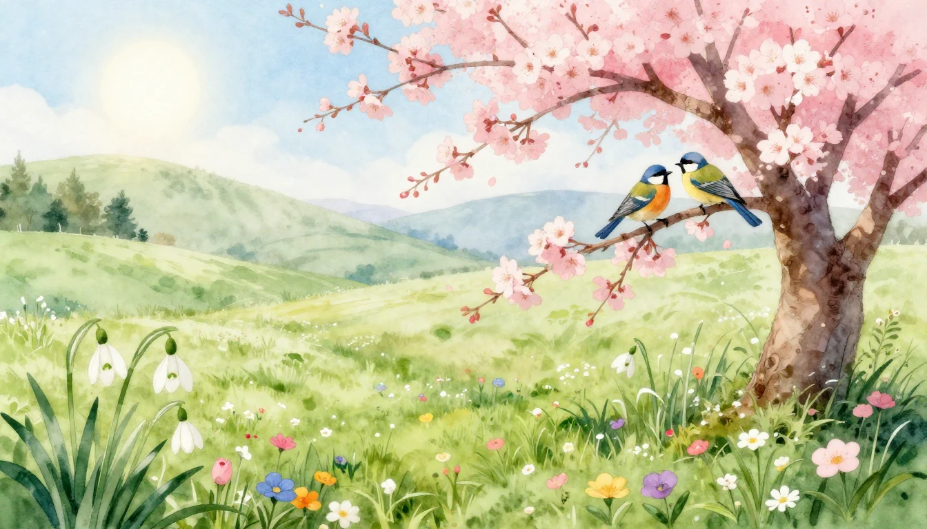 A beautiful watercolor painting of a lush spring meadow. In ...