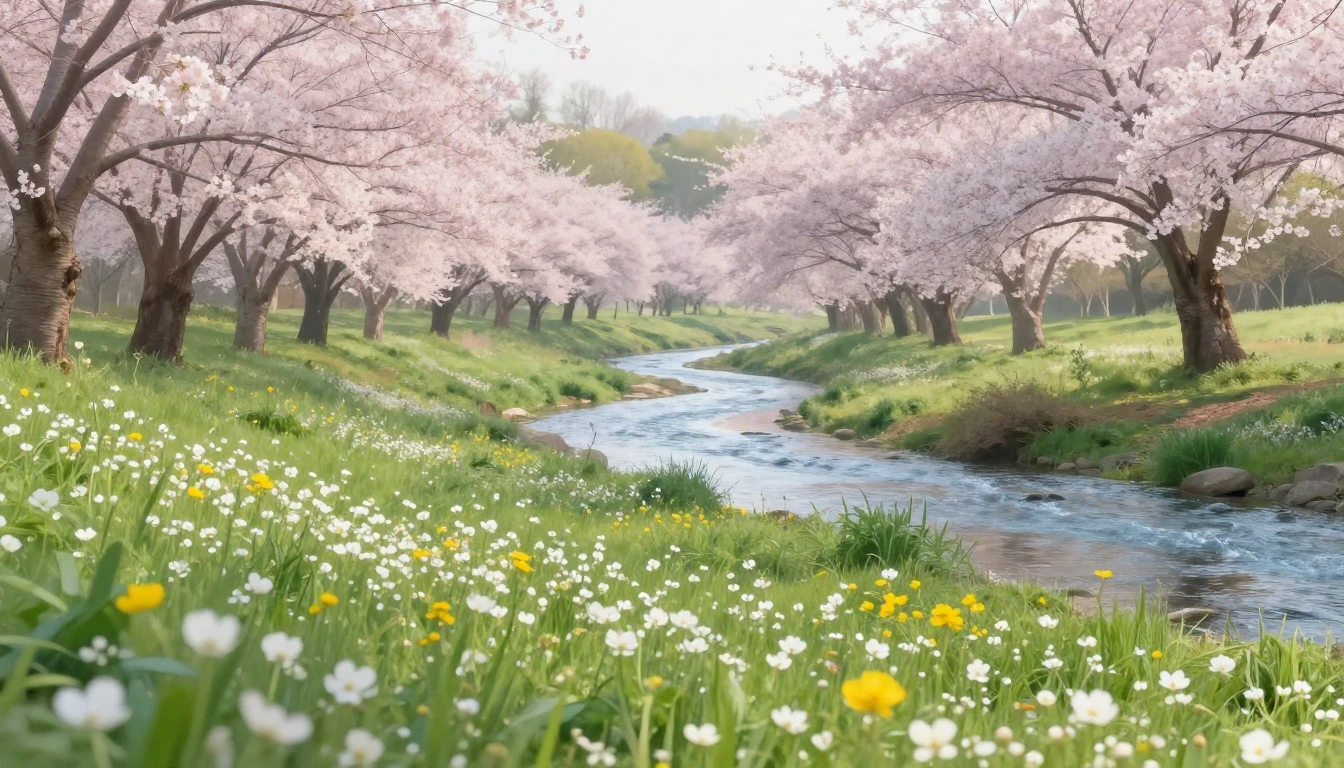 A serene landscape depicting the early arrival of spring. So...