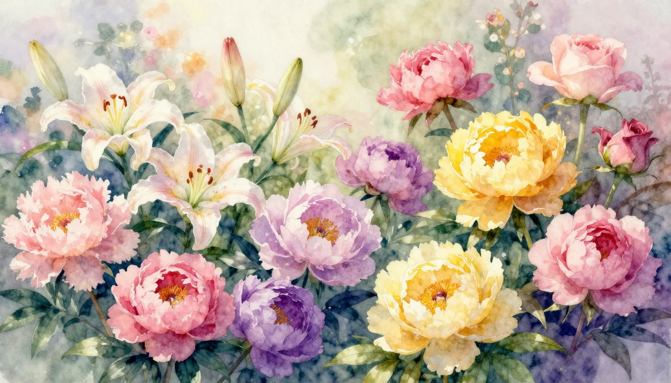 A vibrant watercolor painting depicting a lush garden in ful...