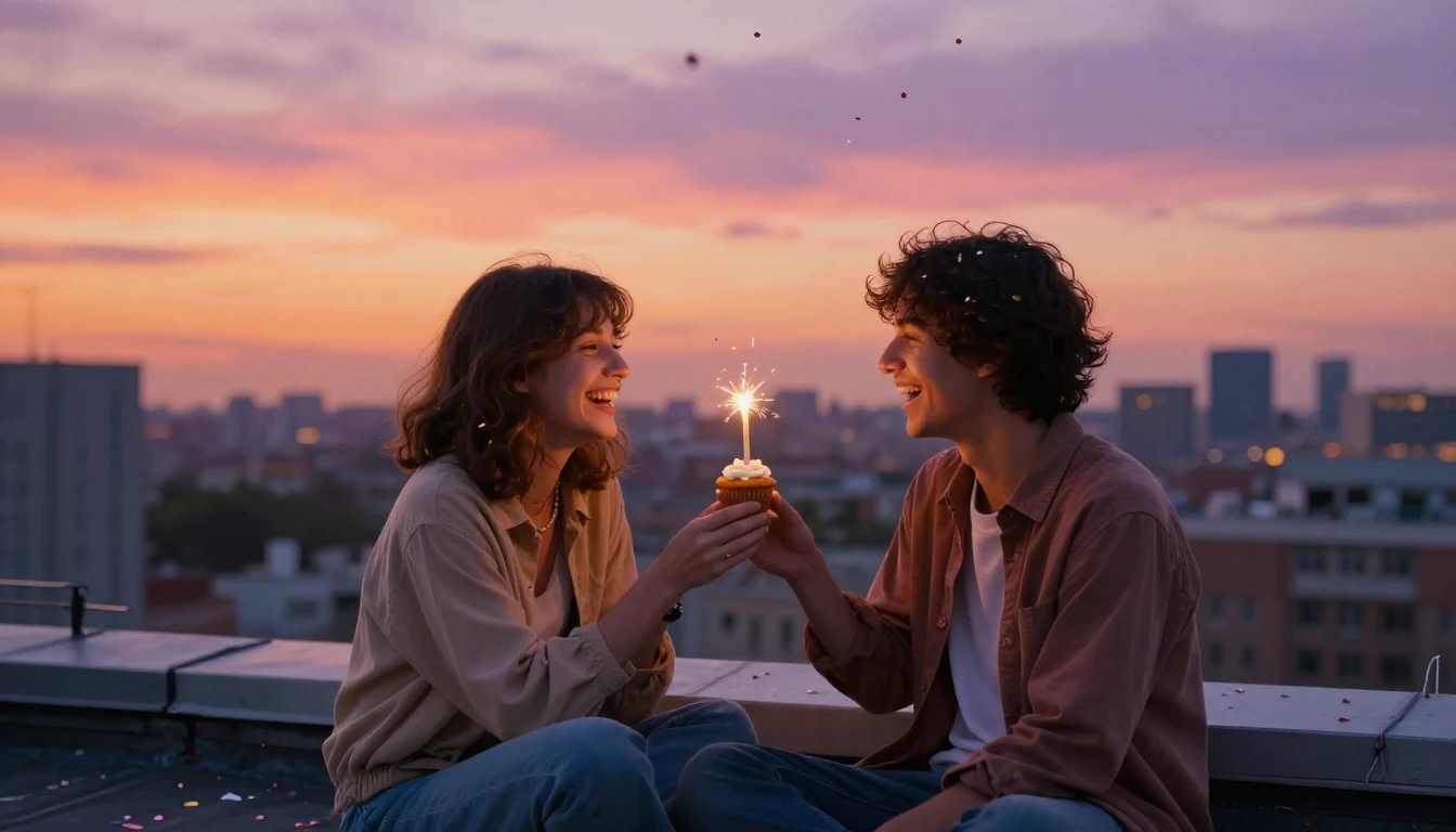 Two best friends sitting side by side on a rooftop at golden...