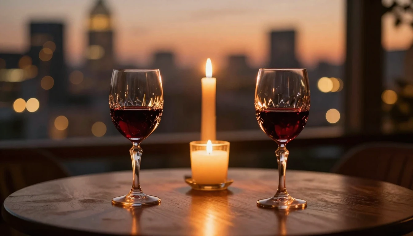 A close-up cinematic shot of a polished wooden table set for...