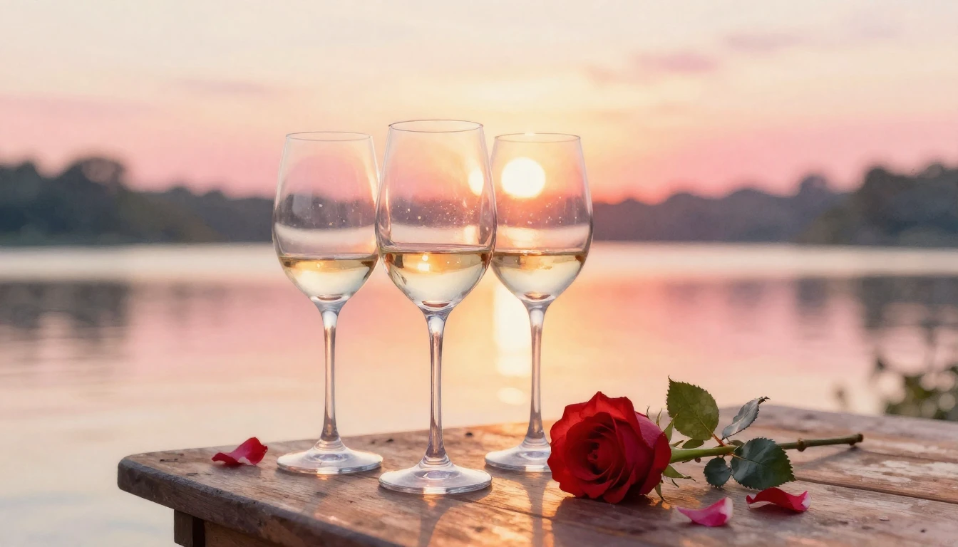 A dreamy watercolor painting of two elegant wine glasses sit...