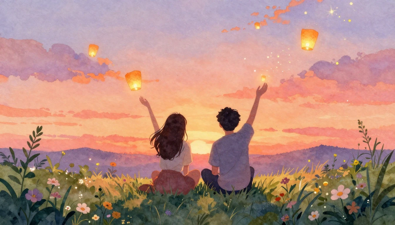 A vibrant and heartwarming watercolor painting of two silhou...