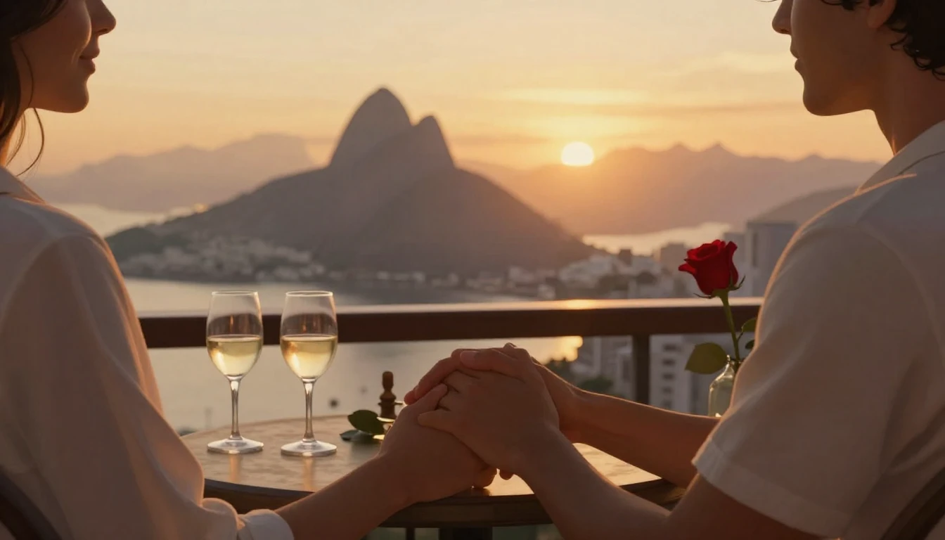 A romantic close-up illustration of a couple holding hands o...