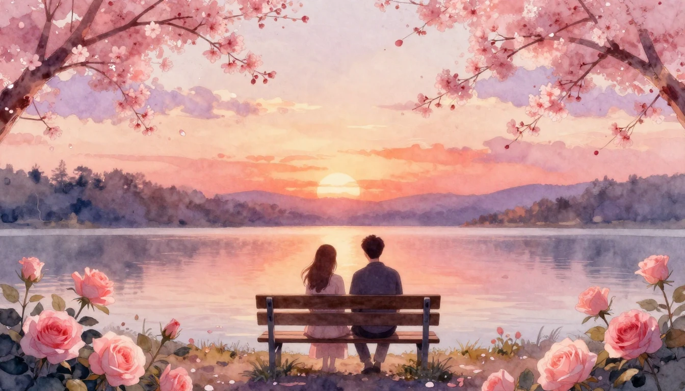 A beautiful watercolor painting of a romantic sunset over a ...