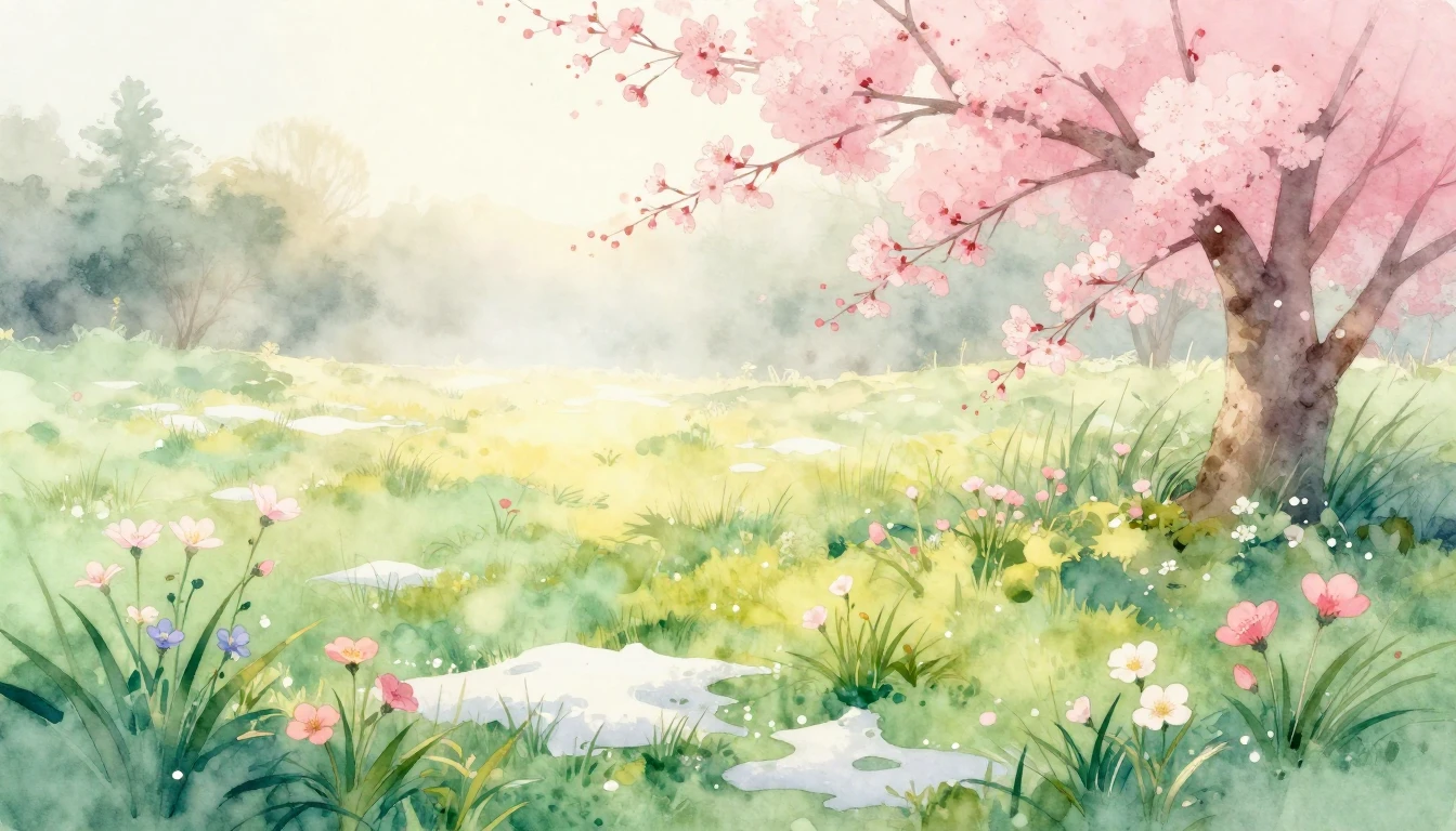 A beautiful watercolor painting of a lush meadow at dawn dur...